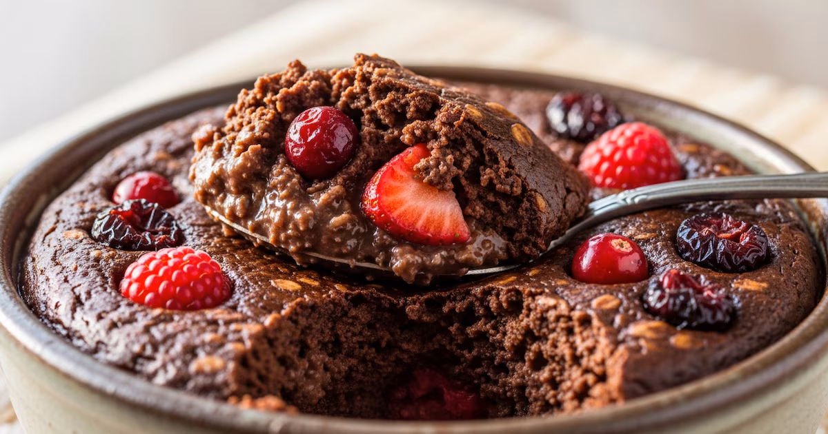 Baked oatmeal with cocoa and red berries: healthy breakfast, fiber and antioxidants
